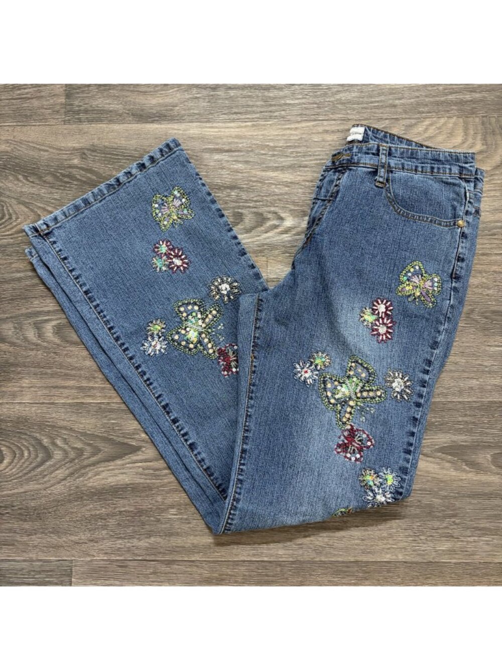 Daniel Y2K Embroidered Sequin Bootcut Jeans 11-12 Butterfly Floral Whimsy Denim - Picture 6 of 16